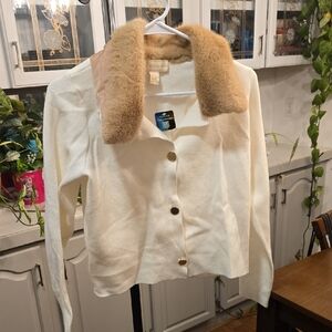 Cream Blazer with Tan Faux Fur Collar - Classic Tailored Jacket